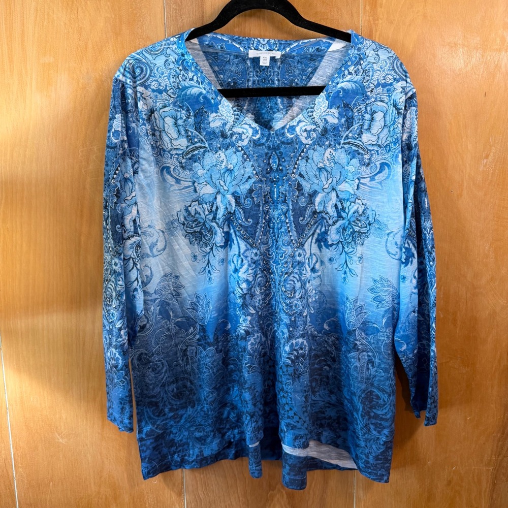Boho Ombre Blue Floral Paisley Studded Graphic Tunic Top 2XL
